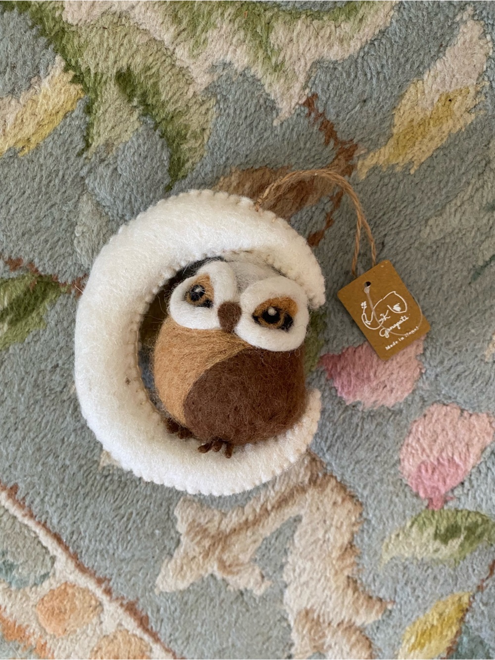 Handmade Felt Owl Ornament in Brown & White by Oaxacan Crafts